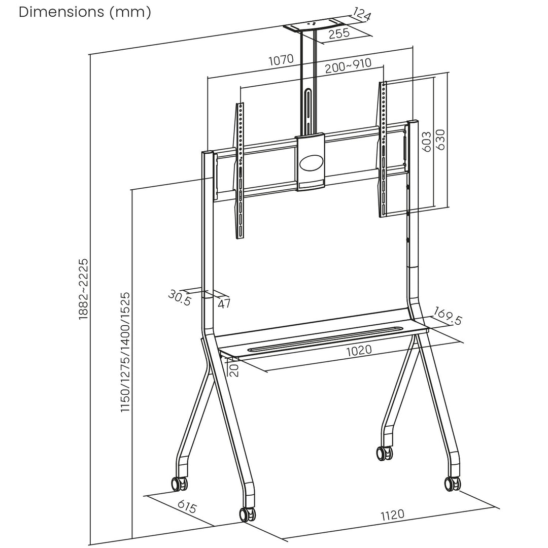 Stand / TV-vogn Maclean, kamerahylde, på hjul, 55-100", maks. belastning 120 kg/10 kg hylde, maks. VESA 900x600, hvid, MC-114 W