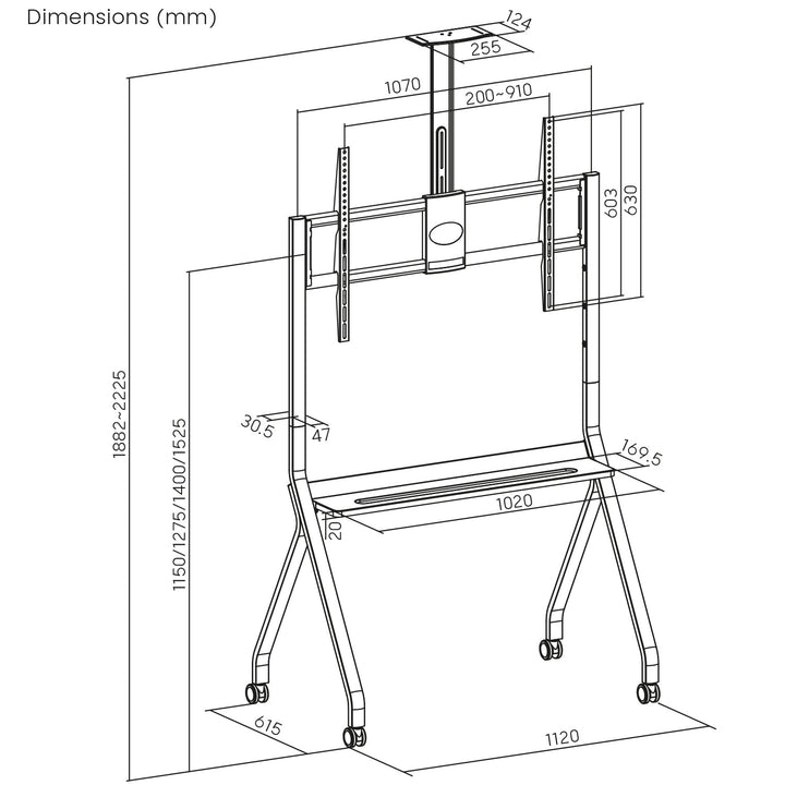 Stand / TV-vogn Maclean, kamerahylde, på hjul, 55-100", maks. belastning 120 kg/10 kg hylde, maks. VESA 900x600, hvid, MC-114 W