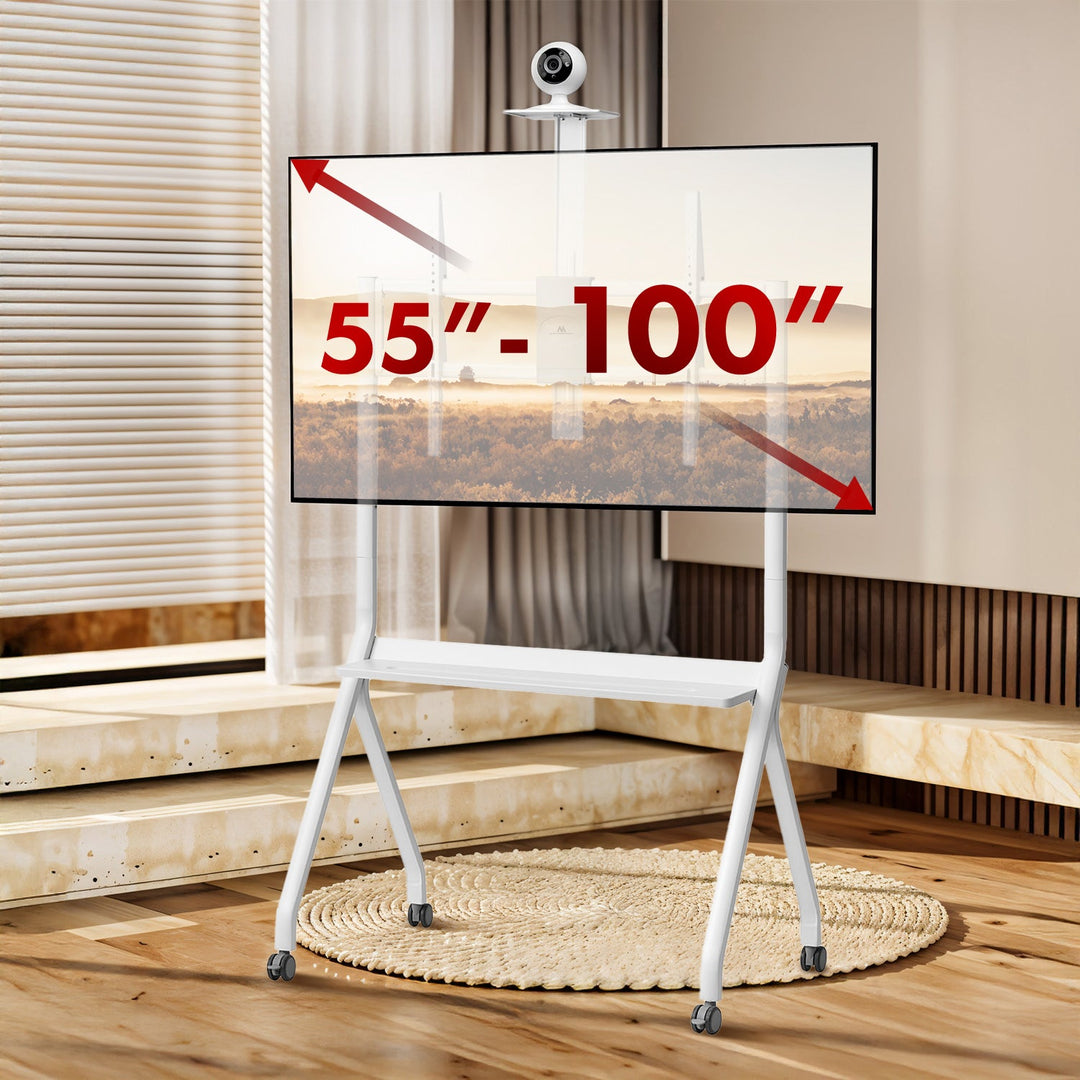 Stand / TV-vogn Maclean, kamerahylde, på hjul, 55-100", maks. belastning 120 kg/10 kg hylde, maks. VESA 900x600, hvid, MC-114 W