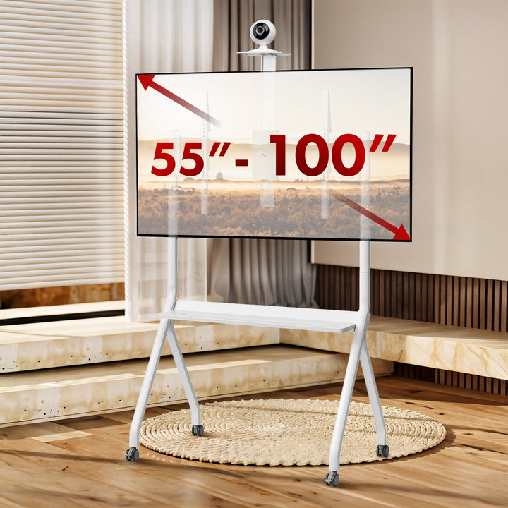 Stand / TV-vogn Maclean, kamerahylde, på hjul, 55-100", maks. belastning 120 kg/10 kg hylde, maks. VESA 900x600, hvid, MC-114 W