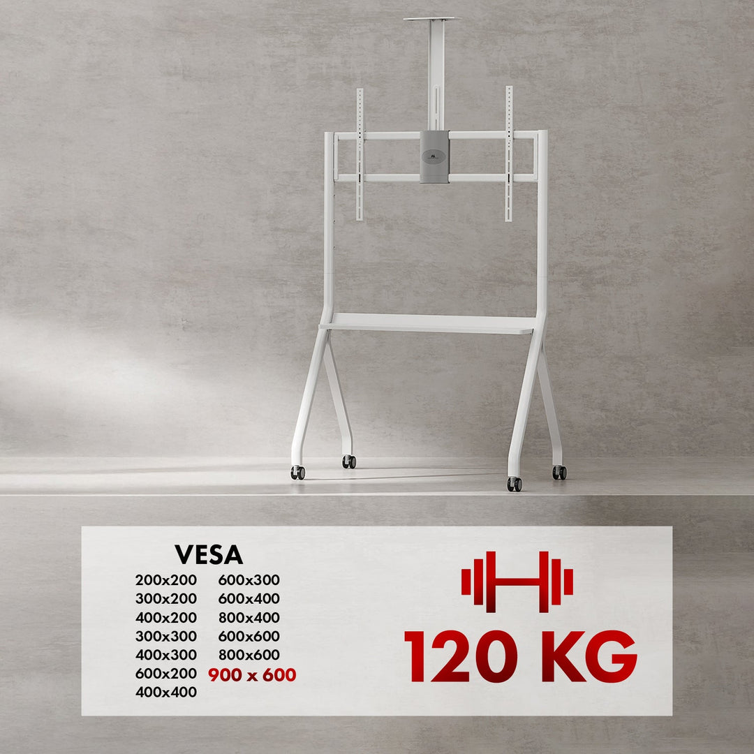 Stand / TV-vogn Maclean, kamerahylde, på hjul, 55-100", maks. belastning 120 kg/10 kg hylde, maks. VESA 900x600, hvid, MC-114 W