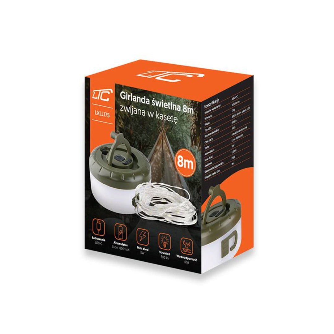 LTC lysguirlande, oprullet i kassette, 8 m, SMD 30, 5 W, 500 lm, 3000 K, batteri 1800 mAh, USB-C, IP54