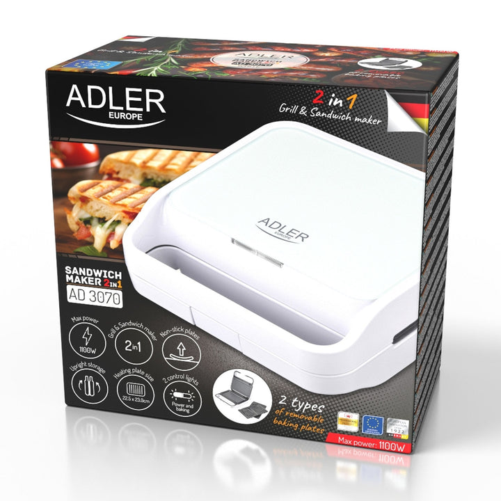 Adler sandwichmaker, kontaktgrill, 1100 W, hvid, AD 3070