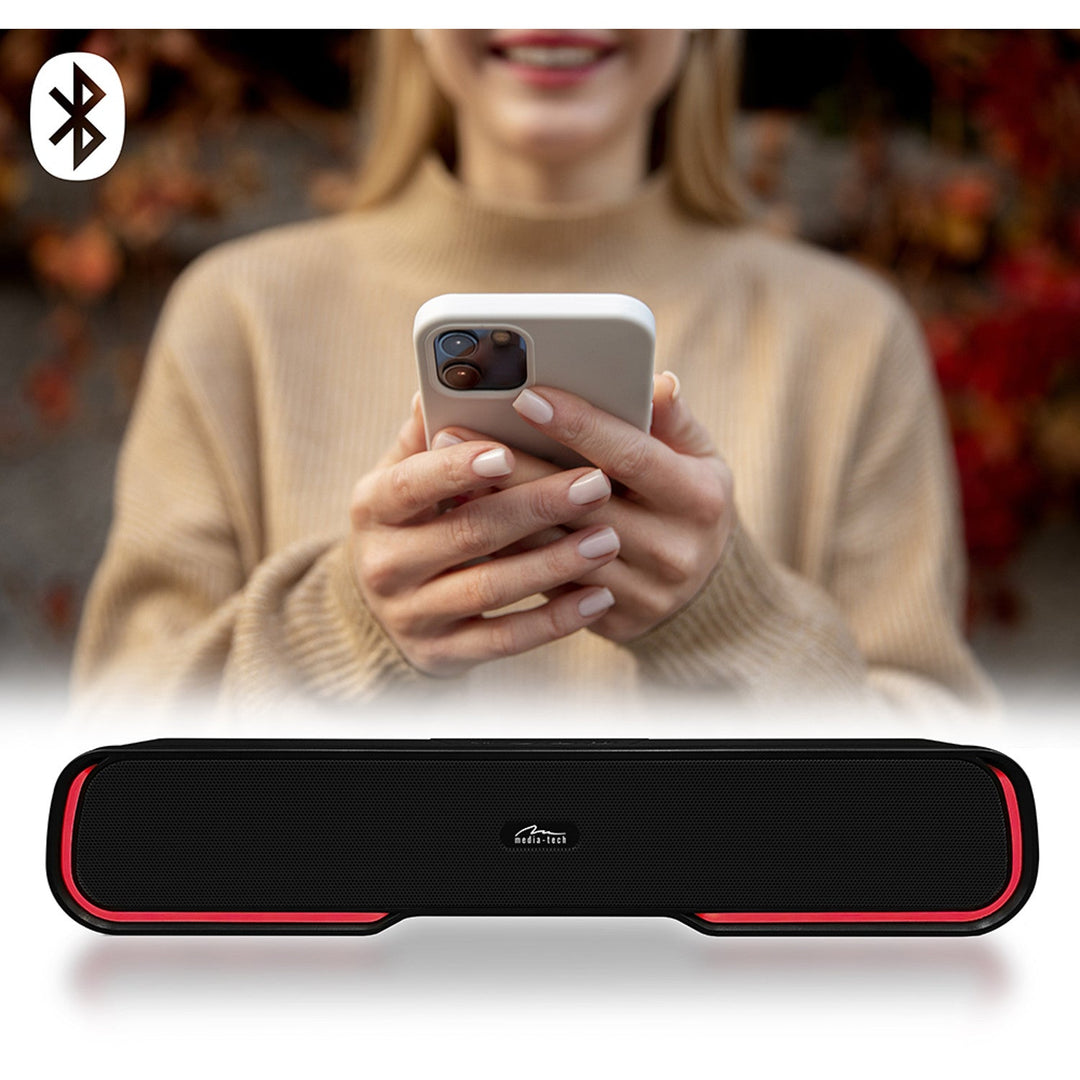 Bærbar Bluetooth-højttaler af typen soundbar, flerfarvet RGB-belysning, RMS 10 W, PMPO 450 W, FM-radio, MP3. AUX, indbygget batteri, Media-Tech PHANTOM BT