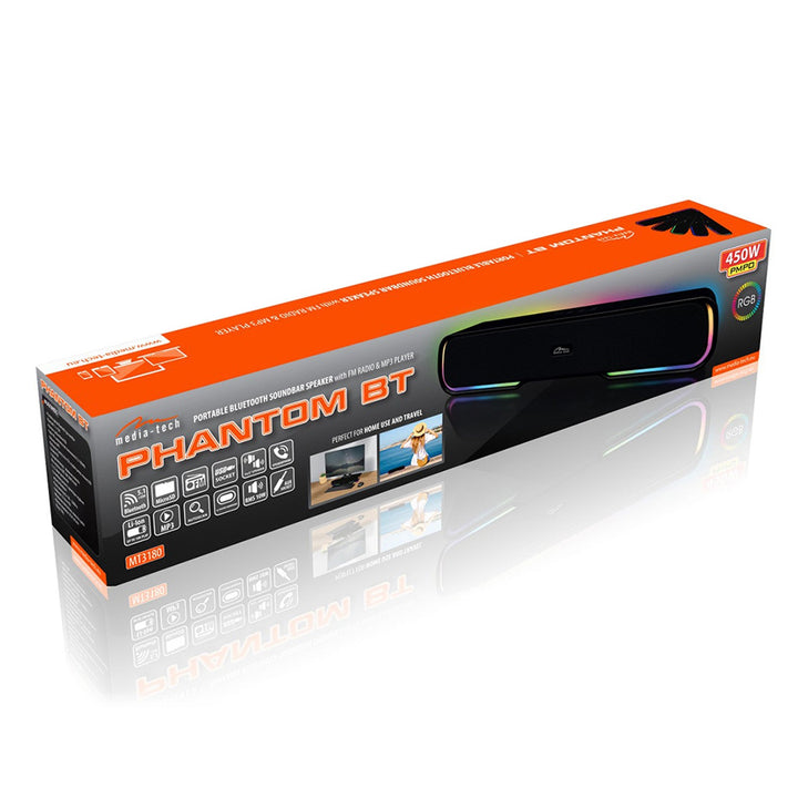 Bærbar Bluetooth-højttaler af typen soundbar, flerfarvet RGB-belysning, RMS 10 W, PMPO 450 W, FM-radio, MP3. AUX, indbygget batteri, Media-Tech PHANTOM BT