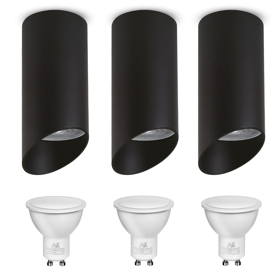 Oplægning / rør Maclean, punktbelysning, rund, aluminium, GU10, 55x130mm, sort, MCE360 B 3 stk. + LED-pære GU10 7W Maclean Energy MCE437 WW varm hvid 3000K, 220-240V~, 50/60Hz, 3 stk.