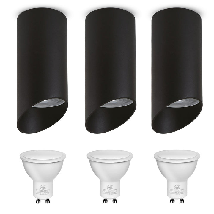 Oplægning / rør Maclean, punktbelysning, rund, aluminium, GU10, 55x130mm, sort, MCE360 B 3 stk. + LED-pære GU10 7W Maclean Energy MCE437 WW varm hvid 3000K, 220-240V~, 50/60Hz, 3 stk.