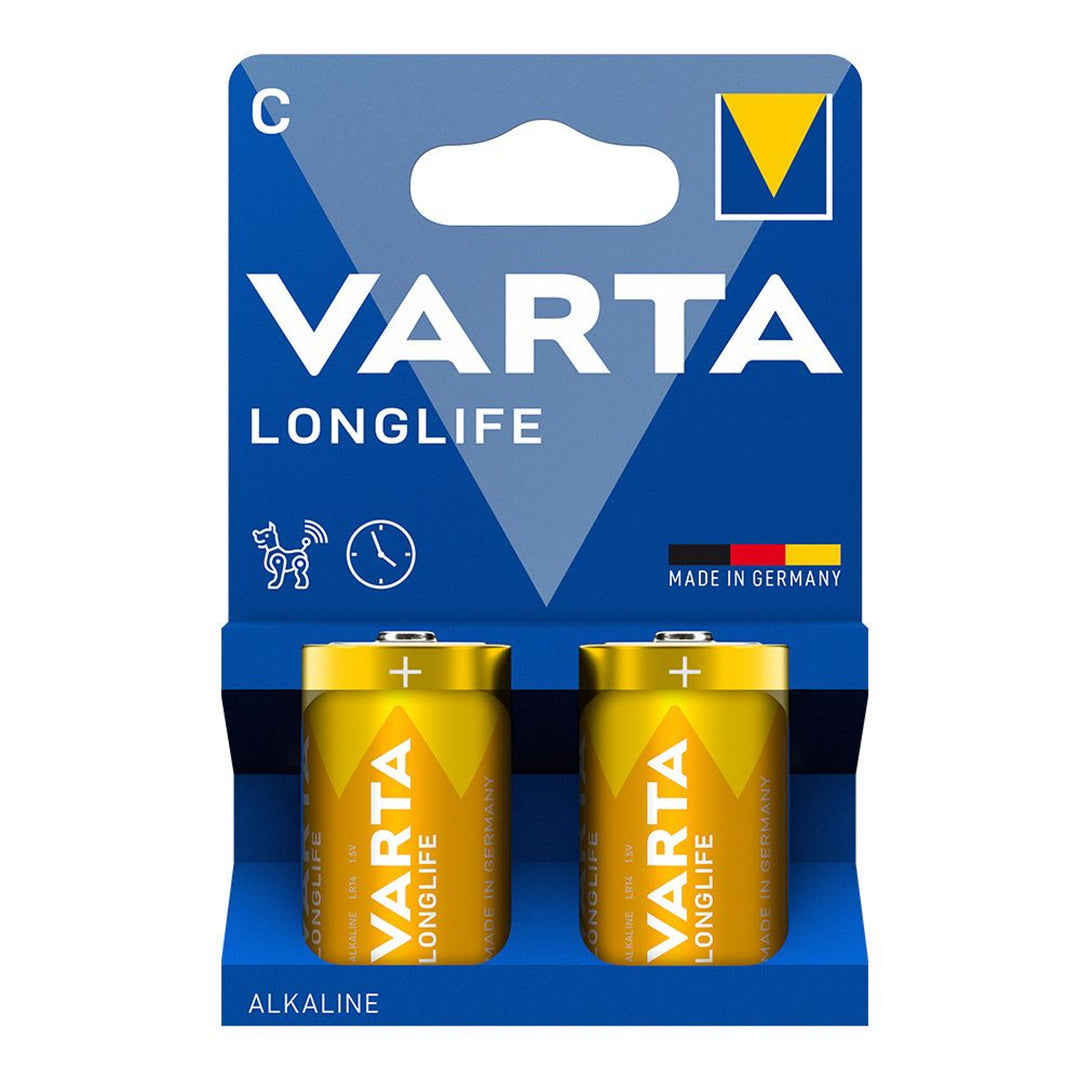 2 stk. 1,5 V LR14 C alkalibatterier fra Varta Longlife i blisterpakning