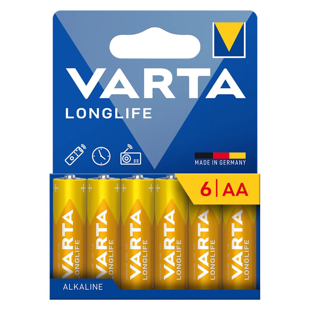 6 stk. 1,5 V LR6 AA Varta Longlife-alkalibatterier i blisterpakning