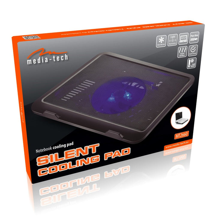 SILENT COOLING PAD - Køleplade til bærbare computere på 15,6" og mindre, støjsvag, effektiv, 13,5 cm blæsere, gennemgående USB-port