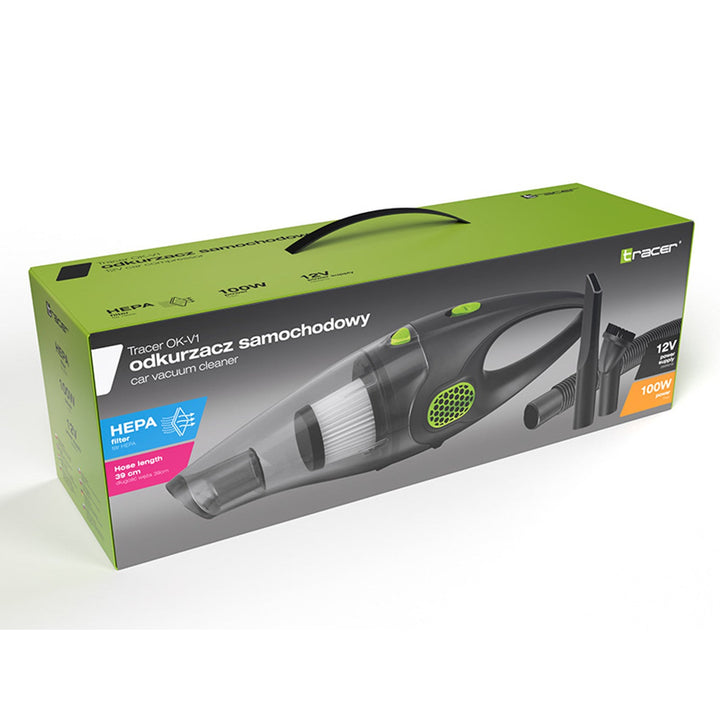 Tracer bilstøvsuger, 2 HEPA-filtre, 12 V strømforsyning, 100 W effekt, OK-V1