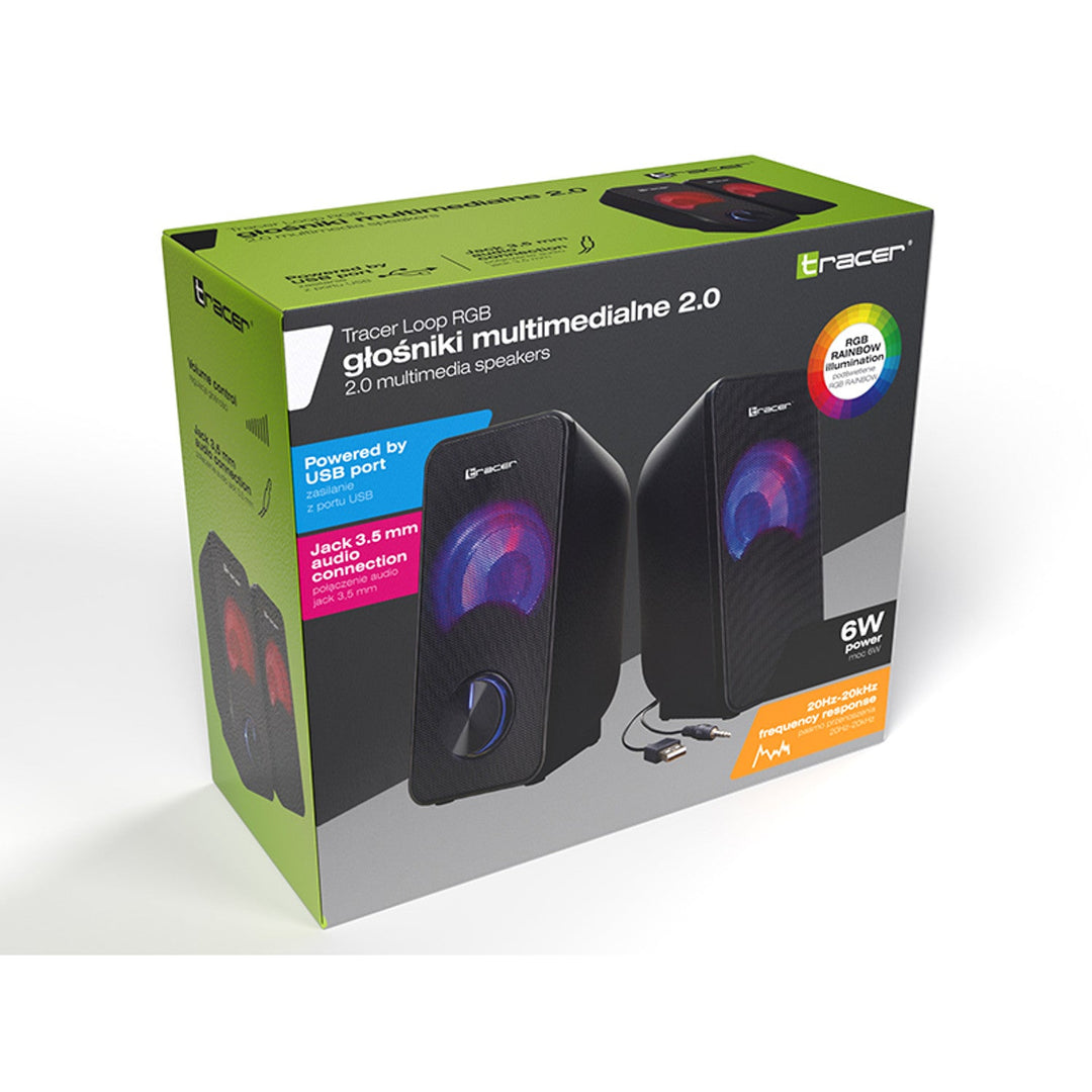 Tracer-højttalere, RGB-belysning, 6 W RMS, USB-strømforsyning, Loop
