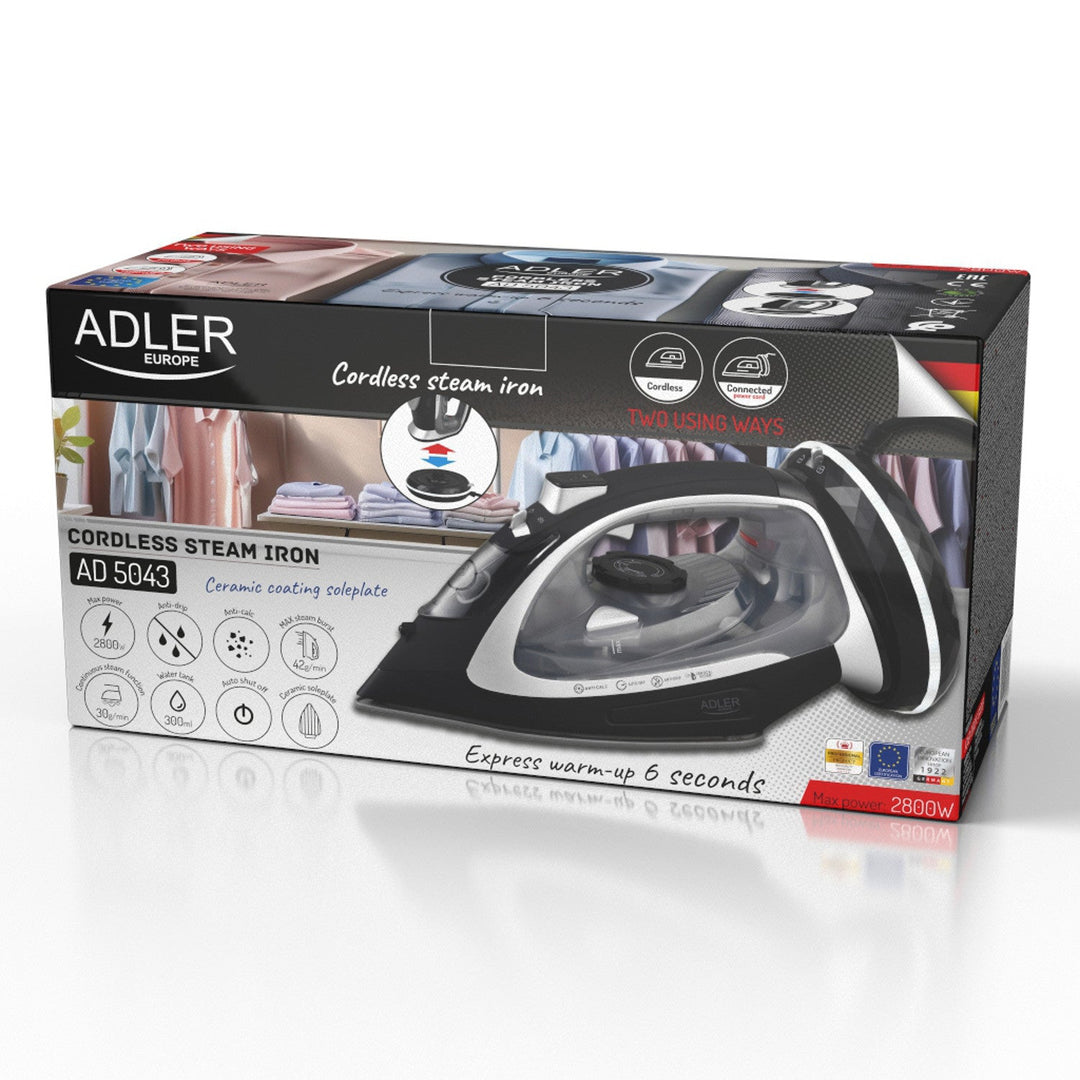 Adler dampstrygejern, trådløst, keramisk strygesål, 2800 W, AD 5043