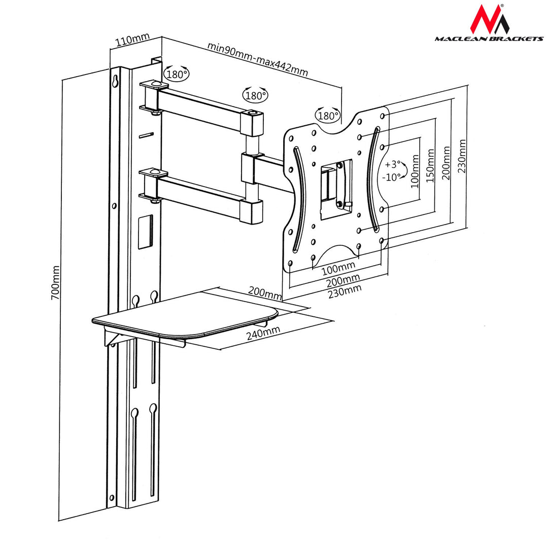 TV-holder med DVD-hylde Maclean, VESA 200x200, 23"-42", 30 kg, MC-771+KABEL HDMI 2.0 4K 3D UHD 1,8 m KOBBER 48 bit