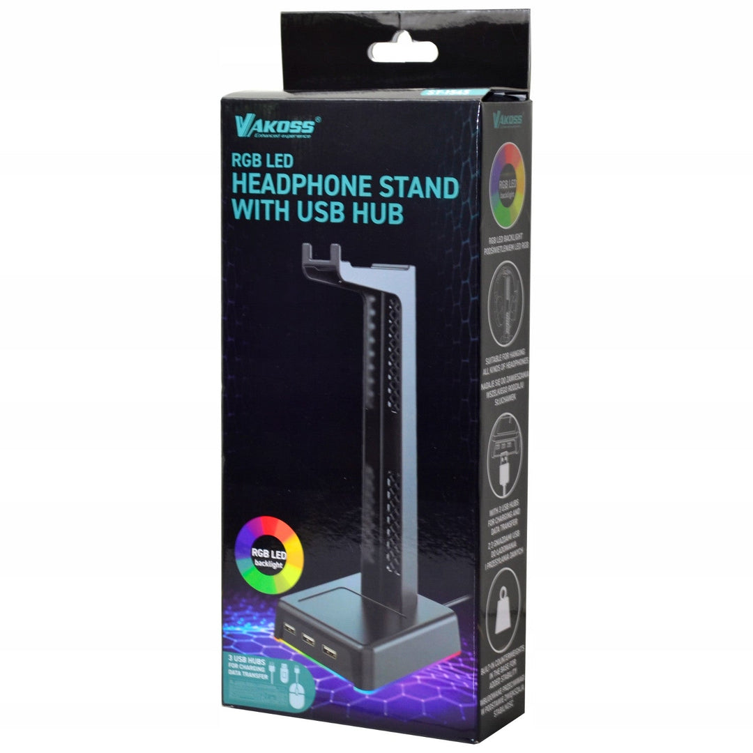 Bordstativ til hovedtelefoner, 3xUSB-hub, LED-belysning, ST-1545