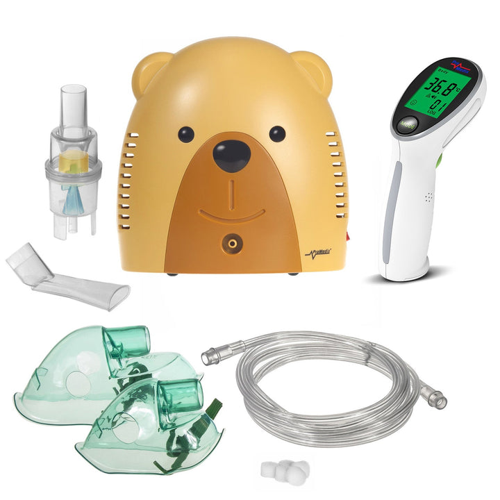 Inhalator til børn Promedix, bjørn, nebulisator-sæt, masker, filtre, PR-811 + berøringsfri infrarød medicinsk termometer Promedix PR-960