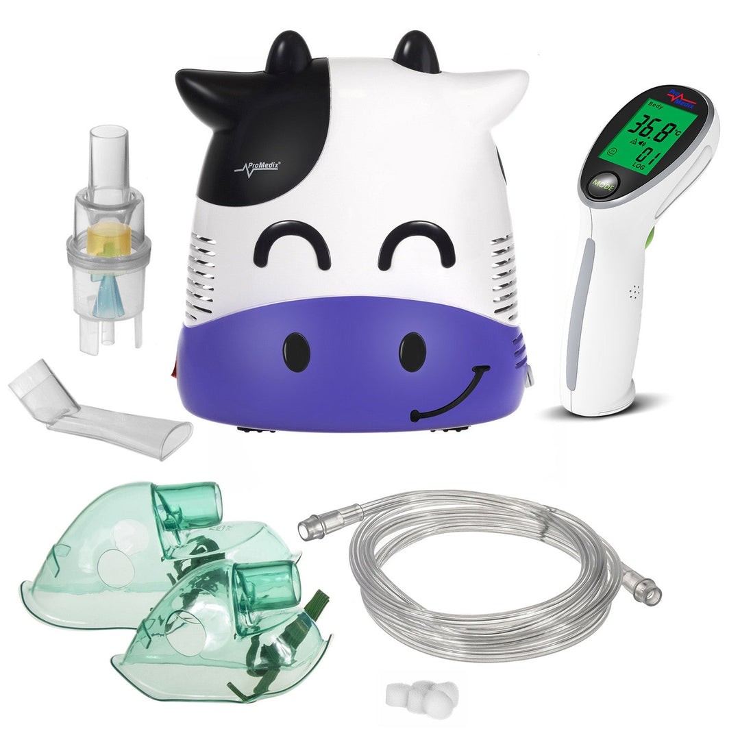 Promedix inhalator til børn, karamel, nebulisator-sæt, masker, filtre, PR-810 + berøringsfri infrarød lægetermometer Promedix PR-960