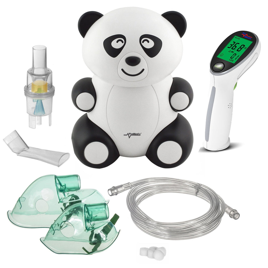 Inhalator til børn Promedix PR-812 panda, sæt med forstøver, masker, filtre + berøringsfri infrarød lægetermometer Promedix PR-960