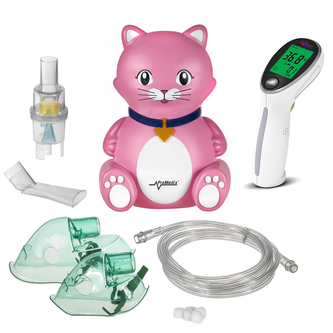 Inhalator til børn Promedix, sæt med forstøver, masker, filtre, PR-816 + berøringsfri infrarød medicinsk termometer Promedix PR-960