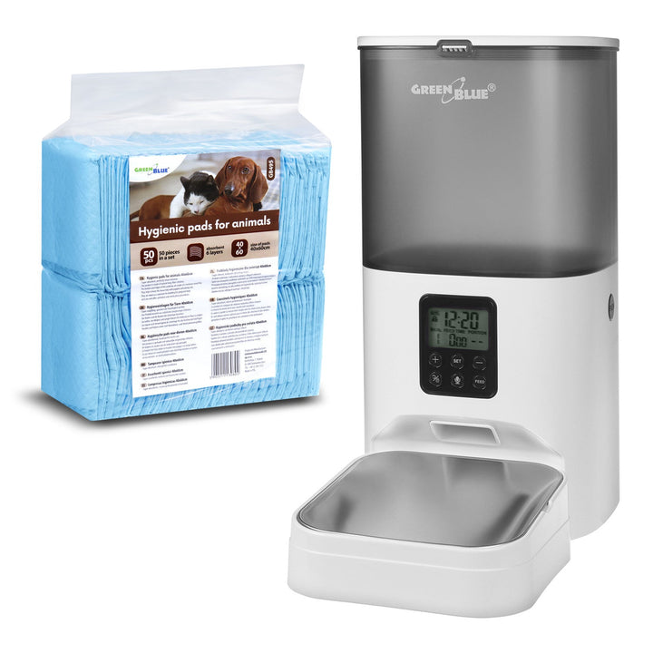Automatisk foderautomat/foderbeholder til dyr GreenBlue, 6 l, USB 5V1A, GB393 + Hygiejniske underlag/måtter til hunde/katte GreenBlue, til at lære at tisse, 60 x 40 cm, 50 stk., GB495