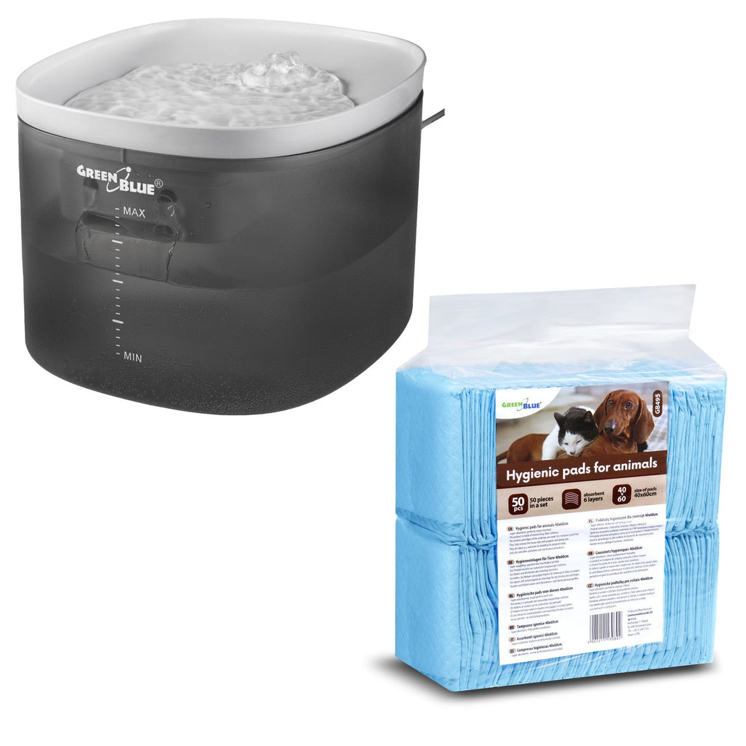 Automatisk vanddispenser/vanddrikke til dyr GreenBlue, 3L, USB 5V1A, GB392 + Hygiejniske underlag/måtter til hunde/katte GreenBlue, til at lære at tisse, 60x40cm, 50 stk., GB495