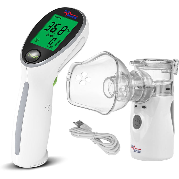 Promedix bærbar/håndholdt trådløs inhalator/forstøver, sæt, masker, PR-835 + Promedix PR-960 berøringsfri infrarød medicinsk termometer