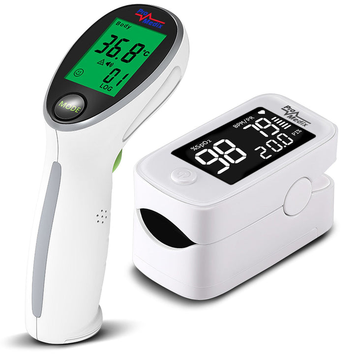 Fingerafledet pulsoximeter, medicinsk pulsmåler, oximeter Promedix PR-870 1,5” HD LED + berøringsfri infrarød medicinsk termometer Promedix PR-960