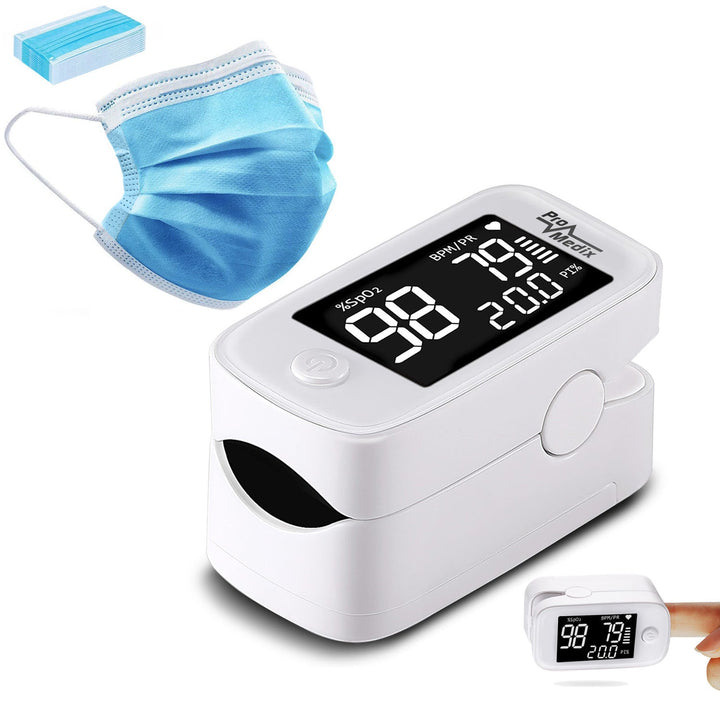Fingermåler til puls og ilt Promedix PR-870 1,5” HD LED + 2x medicinske masker CE EN 14683:2019 - sæt - farve blå 10 stk. Promedix PR-280 BFE>98%