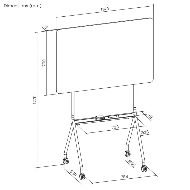 Ergo Office mobil tavle, vandret, hvid, ensidig, med hylde, tavle størrelse 1190x790 mm, ER-306