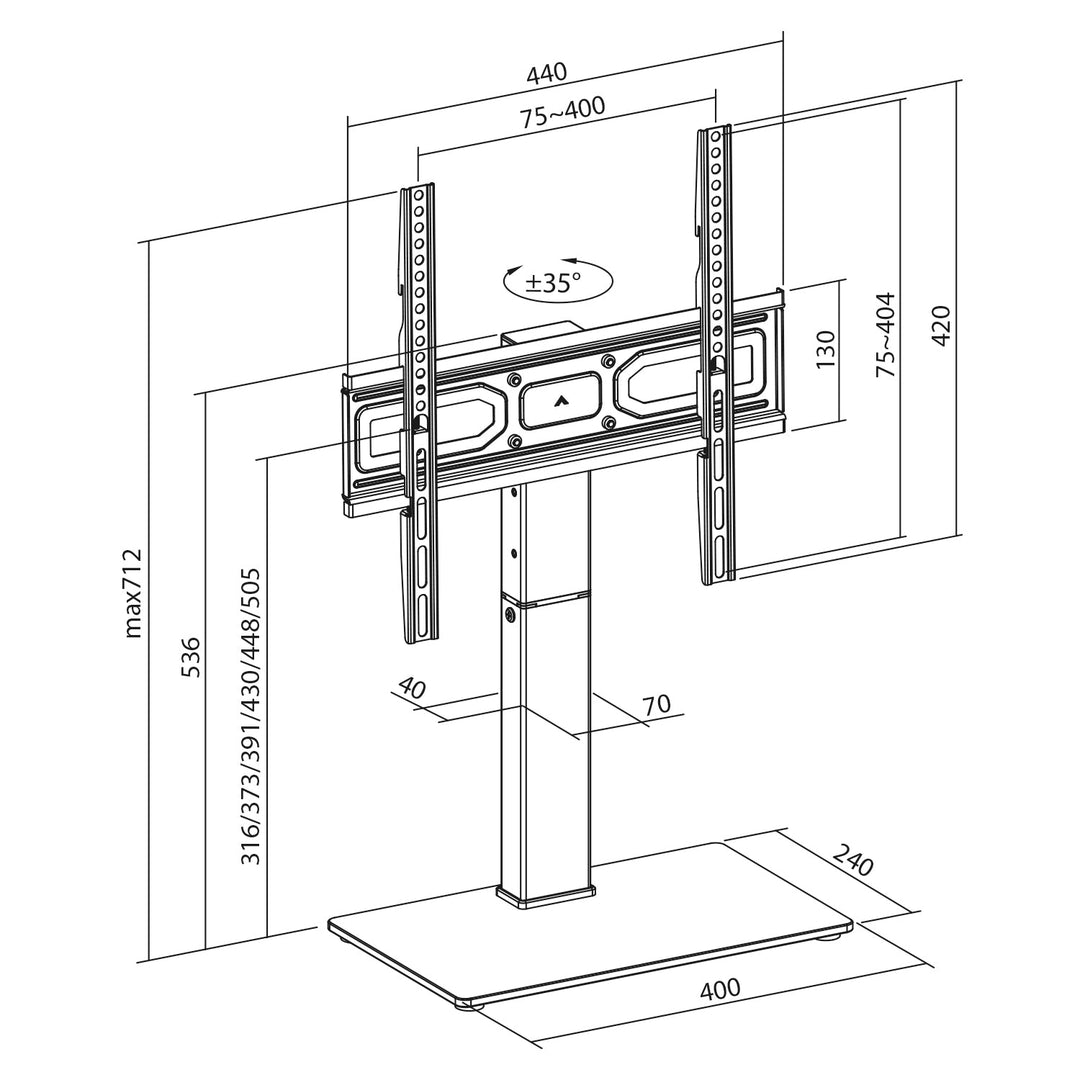 Universal TV-stativ Maclean, til TV-skab, fod, maks. 40 kg, maks. VESA 400x400, højde- og vinkeljustering, til TV 32-65", MC-1240