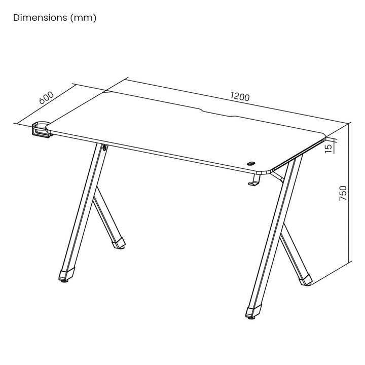 NanoRS gaming-skrivebord, sort, med holder til hovedtelefoner og kop, maks. 75 kg, mål 1200 x 600 x 750 mm, RS101