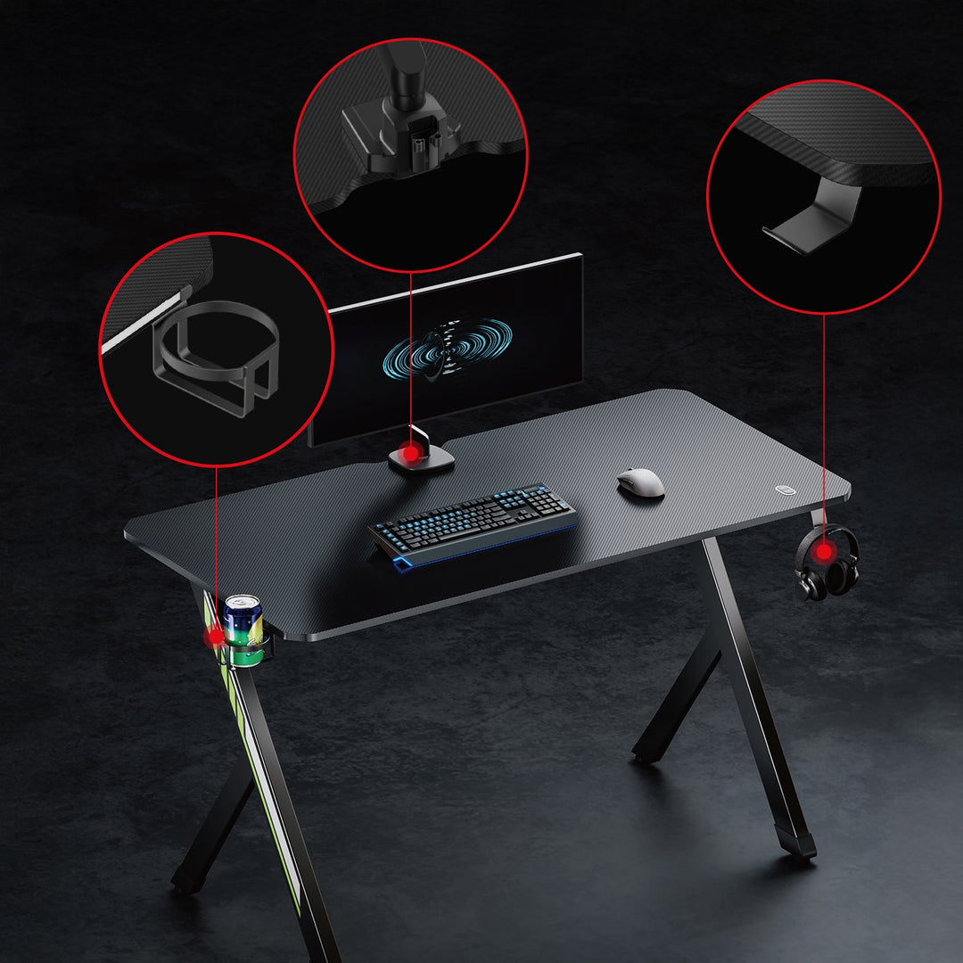 NanoRS gaming-skrivebord, sort, med holder til hovedtelefoner og kop, maks. 75 kg, mål 1200 x 600 x 750 mm, RS101