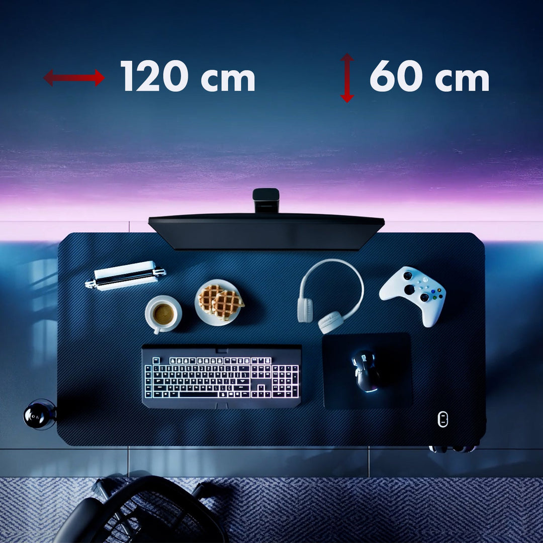 NanoRS gaming-skrivebord, sort, med holder til hovedtelefoner og kop, maks. 75 kg, mål 1200 x 600 x 750 mm, RS101