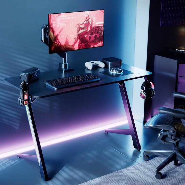 NanoRS gaming-skrivebord, sort, med holder til hovedtelefoner og kop, maks. 75 kg, mål 1200 x 600 x 750 mm, RS101