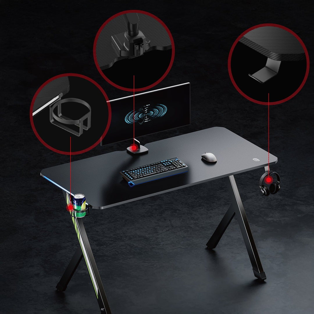 NanoRS gaming-skrivebord, sort, med holder til hovedtelefoner og kop, RGB-belysning, maks. 75 kg, mål 1200 x 600 x 750 mm, RS102