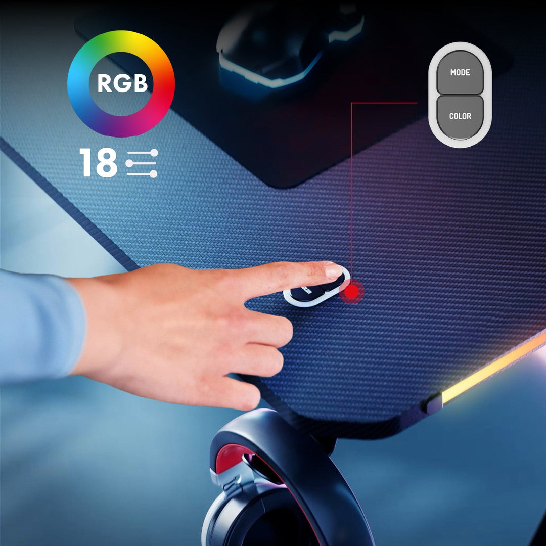 NanoRS gaming-skrivebord, sort, med holder til hovedtelefoner og kop, RGB-belysning, maks. 75 kg, mål 1200 x 600 x 750 mm, RS102