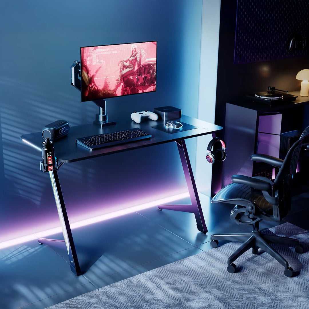 NanoRS gaming-skrivebord, sort, med holder til hovedtelefoner og kop, RGB-belysning, maks. 75 kg, mål 1200 x 600 x 750 mm, RS102