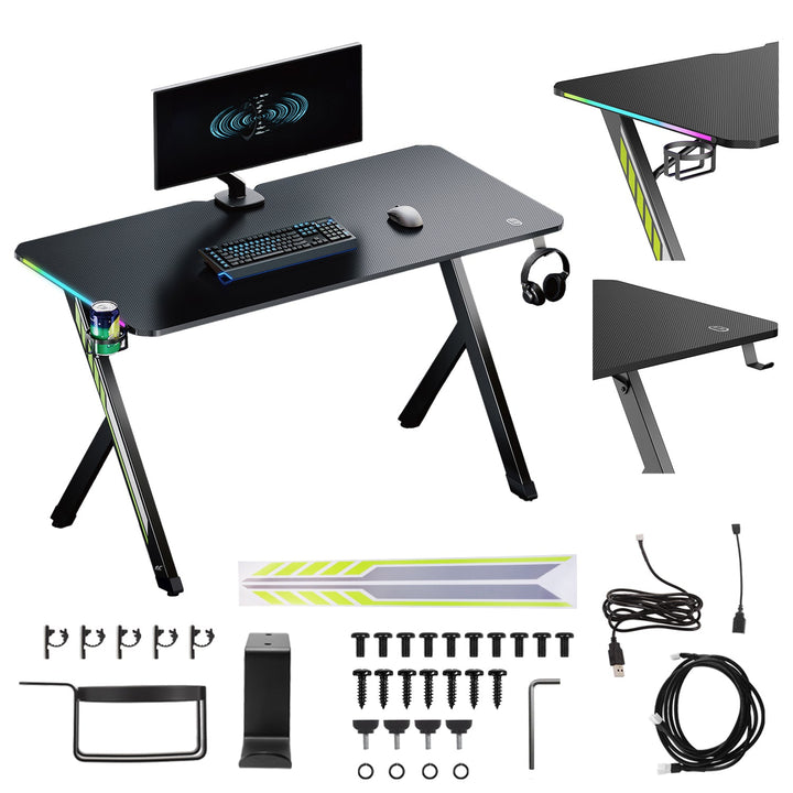 NanoRS gaming-skrivebord, sort, med holder til hovedtelefoner og kop, RGB-belysning, maks. 75 kg, mål 1200 x 600 x 750 mm, RS102
