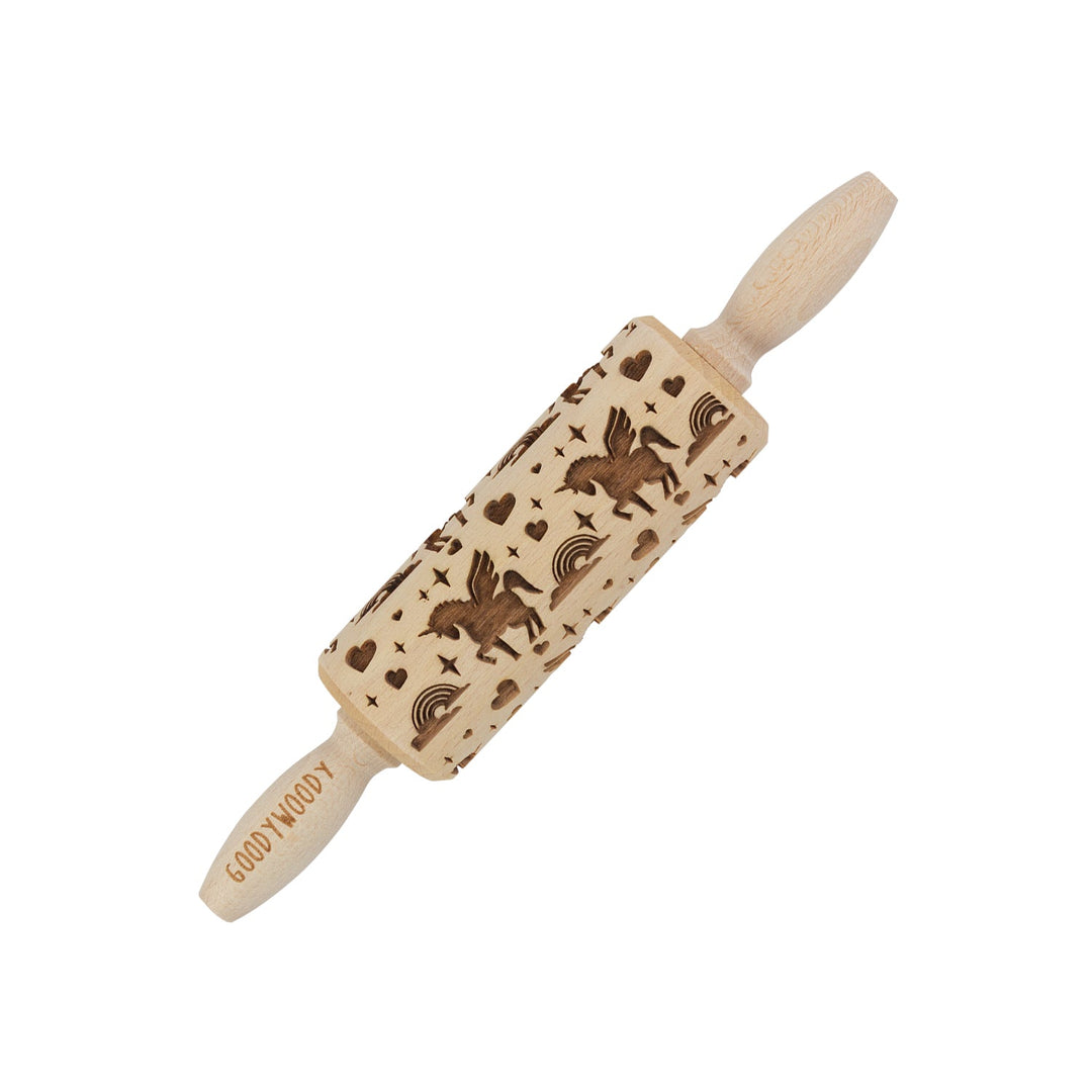 Graveret kagerulle Goody Woody, 23,5 cm, bøgetræ, enhjørningemotiv