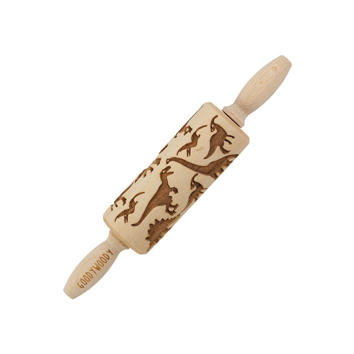 Graveret kagerulle Goody Woody, 23,5 cm, bøgetræ, dinosaur-mønster