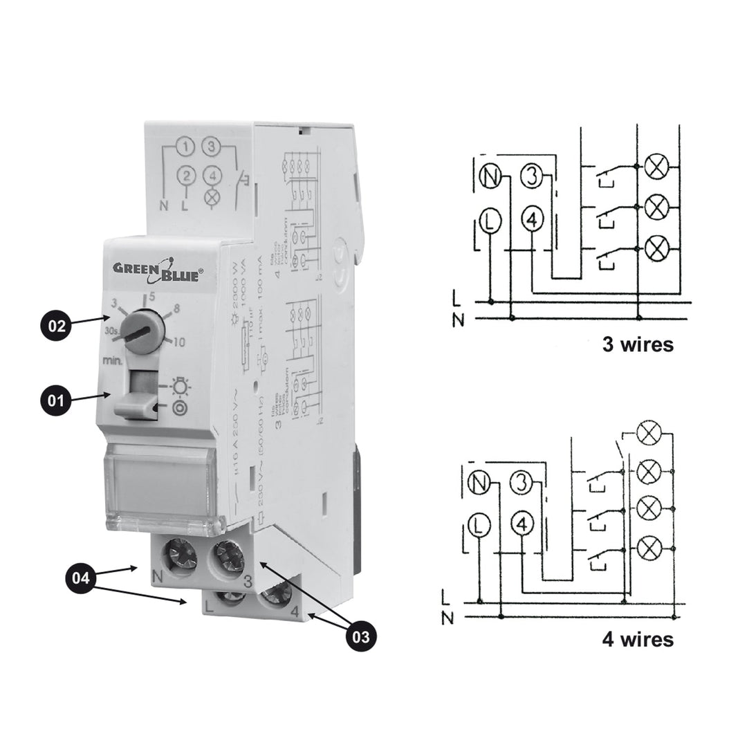 Trappemotor til DIN-skinne GreenBlue, regulering 30s-10m, maks. 2300 W, GB114, 3 stk.