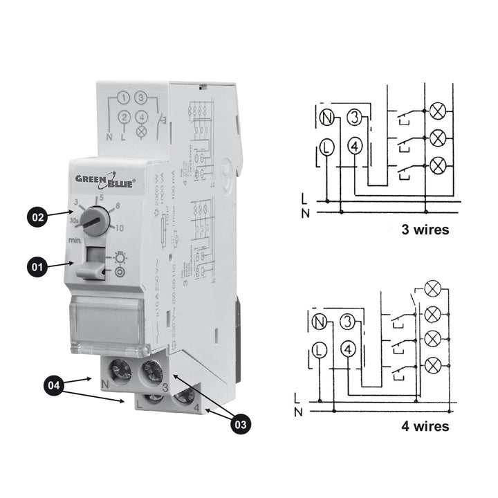 Trappemotor til DIN-skinne GreenBlue, regulering 30s-10m, maks. 2300 W, GB114, 3 stk.