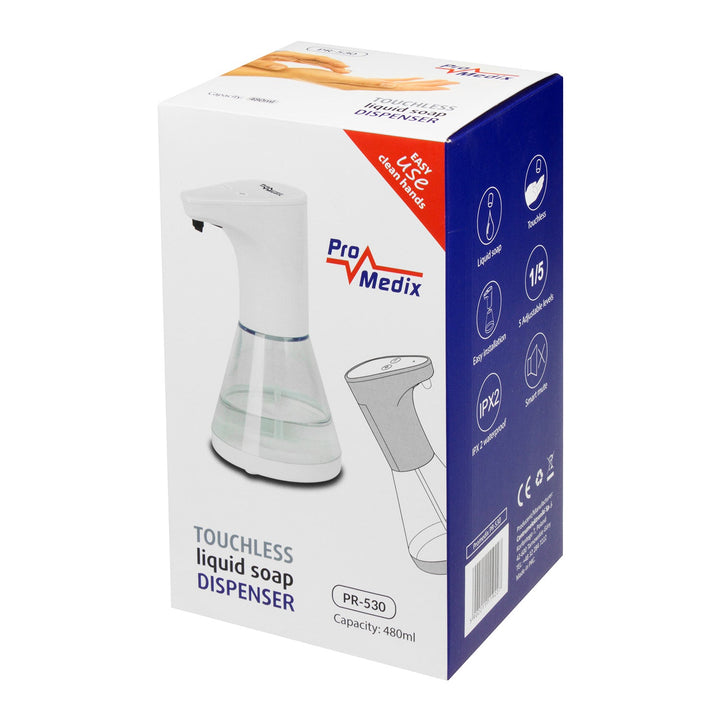 Promedix automatisk dispenser, dispenserbeholder til flydende sæbe, desinfektionsmidler, 480 ml, 4xAA PR-530 + 4x Varta Industrial LR6/AA R-06-batterier