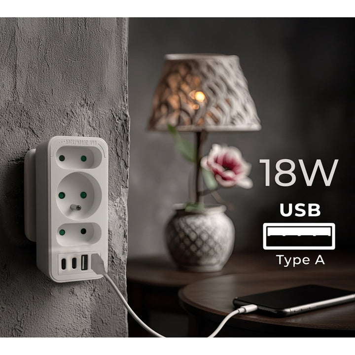 Stikkontakt x3 + 4xUSB Maclean, splitter med 3 stik, 2xUSB A, 2xUSB C PD 20W, 1x16A + 2x6A, MCE248 F/W