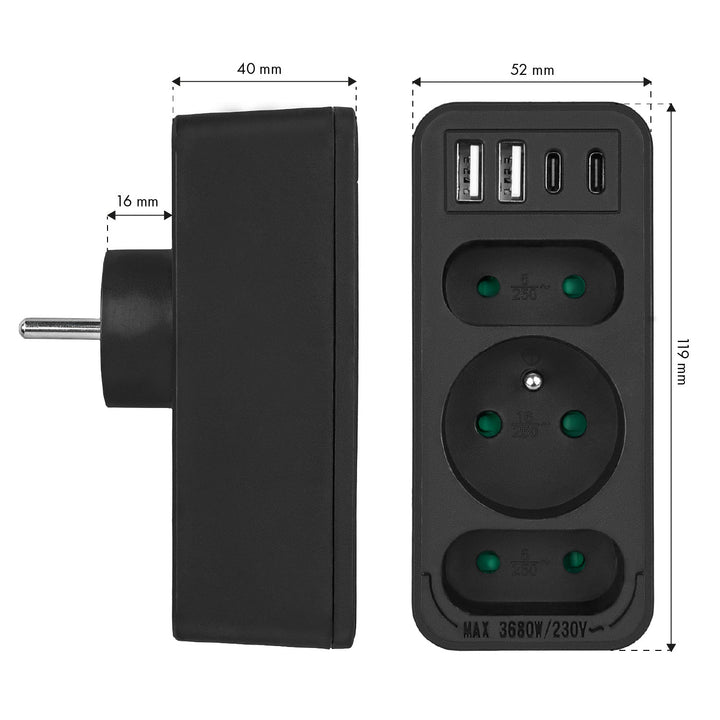 Stikkontakt x3 + 4xUSB Maclean, stikdåse med 3 stik, 2xUSB A, 2xUSB C PD 20W, 1x16A + 2x6A, MCE248 F/B