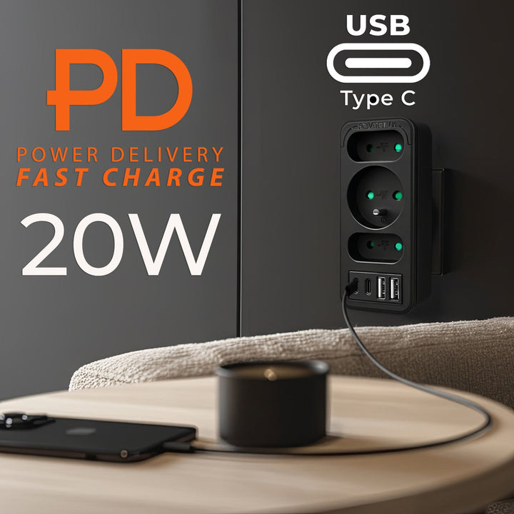 Stikkontakt x3 + 4xUSB Maclean, stikdåse med 3 stik, 2xUSB A, 2xUSB C PD 20W, 1x16A + 2x6A, MCE248 F/B