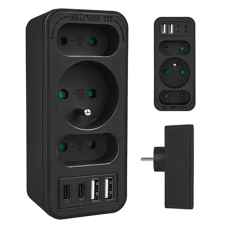 Stikkontakt x3 + 4xUSB Maclean, stikdåse med 3 stik, 2xUSB A, 2xUSB C PD 20W, 1x16A + 2x6A, MCE248 F/B