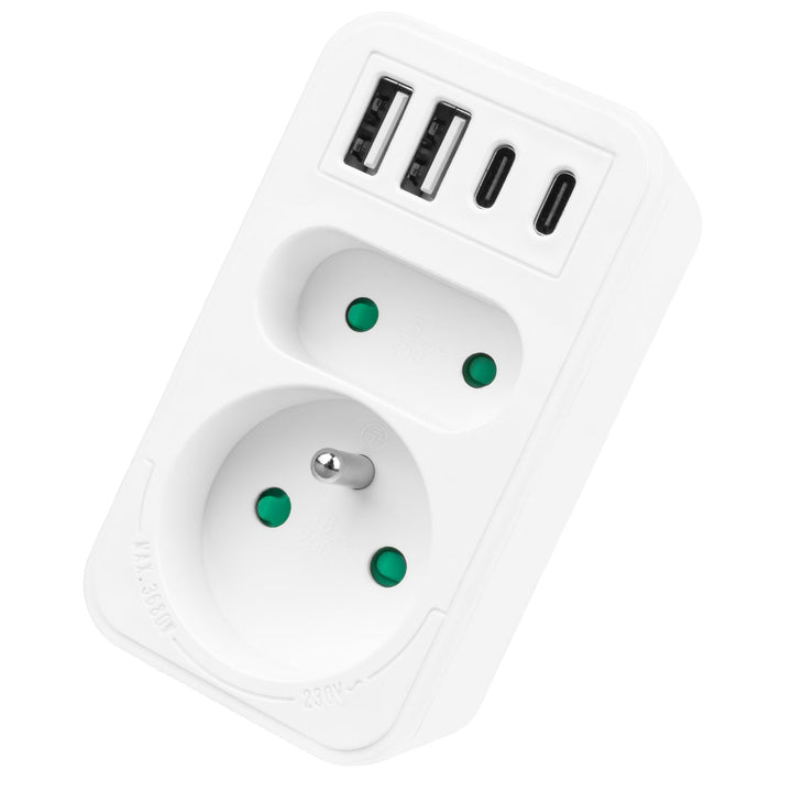 Stikkontakt x2 + 4xUSB Maclean, splitter med 2 stik, 2xUSB A, 2xUSB C PD 20W, 1x16A + 1x6A, MCE249 F/W