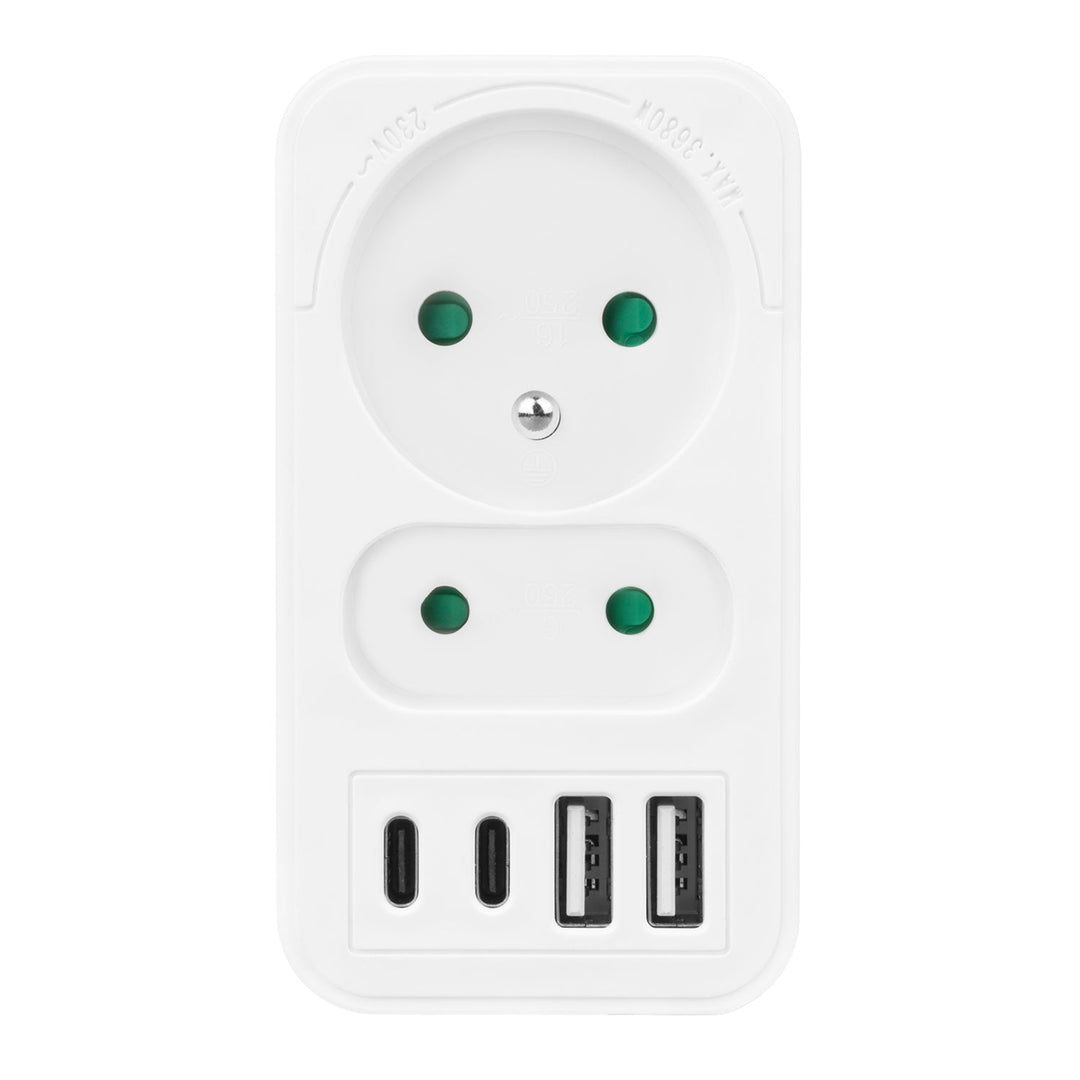 Stikkontakt x2 + 4xUSB Maclean, splitter med 2 stik, 2xUSB A, 2xUSB C PD 20W, 1x16A + 1x6A, MCE249 F/W