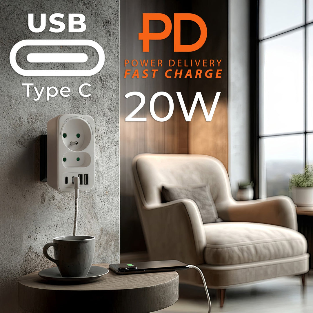 Stikkontakt x2 + 4xUSB Maclean, splitter med 2 stik, 2xUSB A, 2xUSB C PD 20W, 1x16A + 1x6A, MCE249 F/W